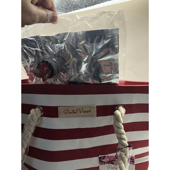 PortoVino Beach Wine Tote Red White Stripe Bag W/ Hidden Insulated Compartment - Picture 5 of 13